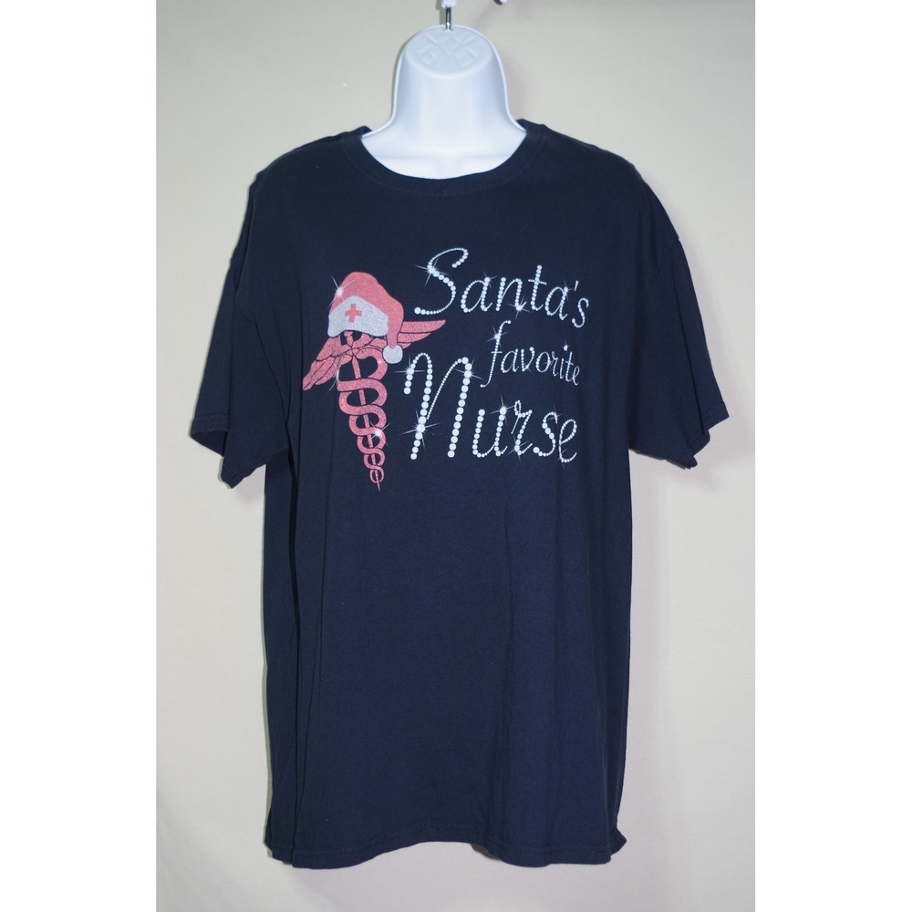 Fruit of the Loom Large Santas Favorite Nurse Christmas Graphic T-Shirt Black